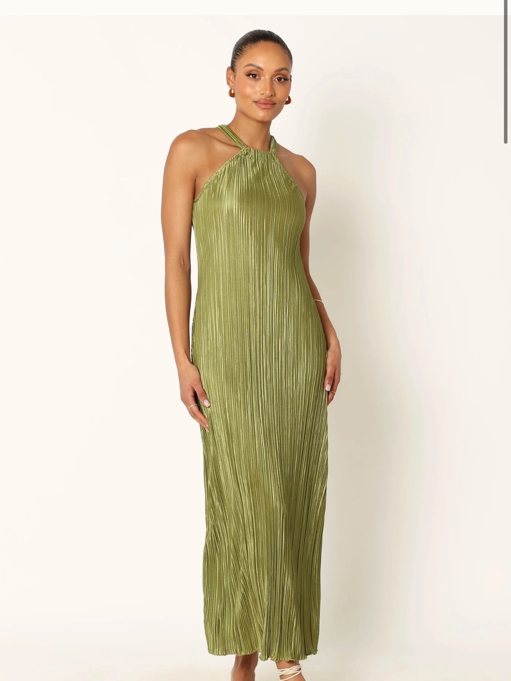 Petal & Pup Olive Green Pleated Halter Maxi Dress